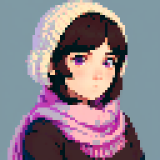 portrait, sprite art, young woman, dark eyes, dark hair, shy girl, awkward, cute, soft eyes, autistic, cozy, scarf, shy, timid, stardew valley