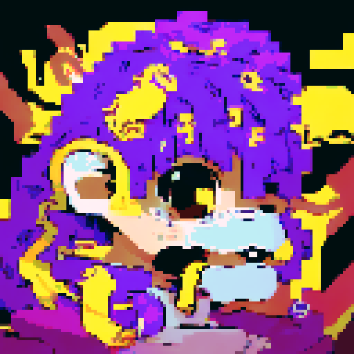 Octopus with bright purple tentacles, wearing a thick gold chain with a diamond pendant, its piercing yellow eyes staring straight ahead, featured on the face of a playing card in a detailed pixel art style