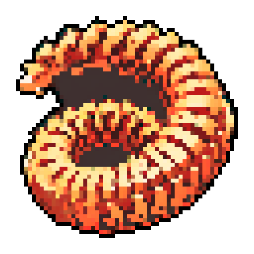 copper helical worm gear arranged vertically in the pixel frame. Usable as an asset (clear, thick lines and a white background)