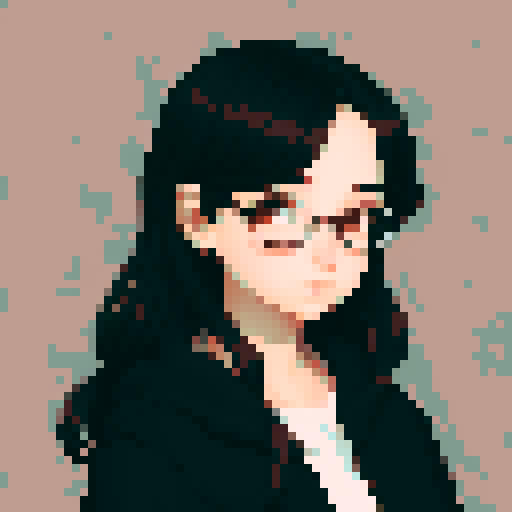 portrait, sprite art, young shy woman, cozy, cute, dark hair, dark eyes, neutral, curious, autistic, nerd