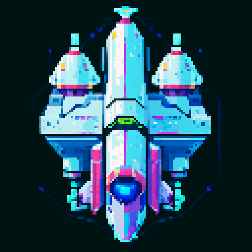 2d Spaceship in empty space, metallic exterior, retro aesthetic, pixelated details,blinking lights, wireframe outlines, geometric shapes, low-resolution textures, pixel art style, sRGB color space View from above.
shades of metallic silver and grays for the body, accented with bright blues or greens for the windows and thrusters. This palette evokes traditional, sleek, and advanced technological aesthetics.
