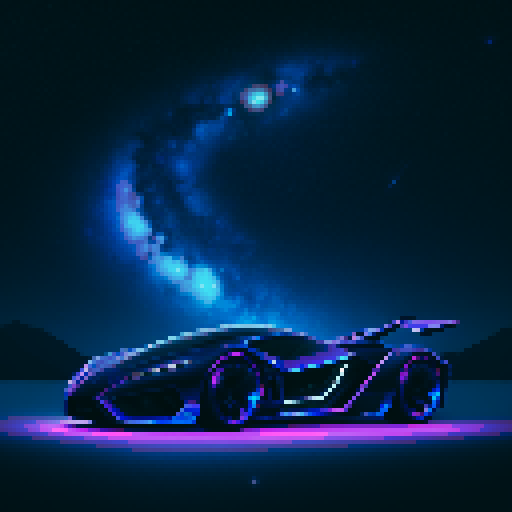 Design the exterior shell of a futuristic super cyber car, incorporating a cosmic-inspired aesthetic. The vehicle should reflect advanced technological innovation and celestial beauty, making it look like it belongs both on the road and among the stars. Focus on creating a visually stunning and aerodynamically efficient design.

The shell should feature a color-changing iridescent finish that mimics the shifting hues of the night sky, with celestial motifs inspired by stars, galaxies, and nebula