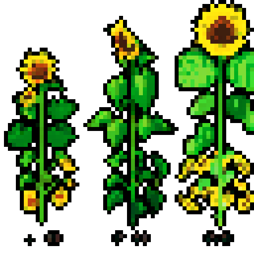sunflower, vibrant yellow petals, simple pixel art, sRGB color palette, delicate green leaves, transparent background 4 stages of growth