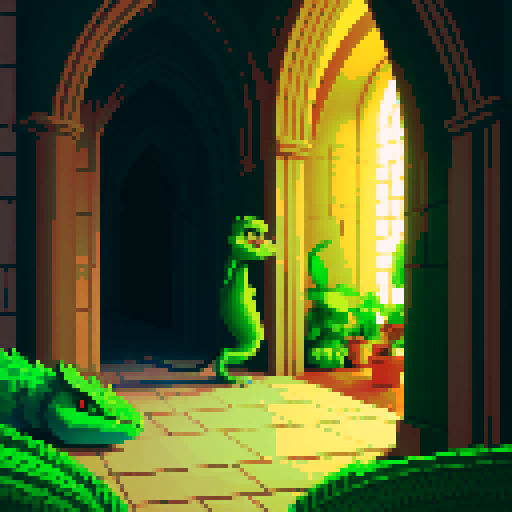 a live green basilisk in a castle hallway
