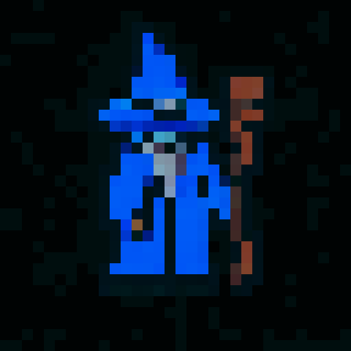 wizard with blue robes, blue wizard hat, brown staff, golden necklace with sun pendant, flat white background, character pixels are clearly distinguishable from its background