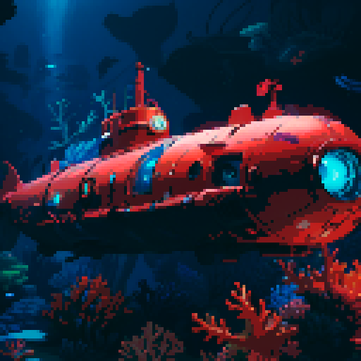 submarine, underwater, colorful, vibrant, retro, 8-bit, pixelated, deep sea, coral reefs, marine life, illuminated, glowing, exploration, portholes, periscope, propellers, mechanical, rivets, vintage, nostalgic