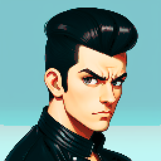 Tough Greaser wearing motorcycle jacket with pompadour hairstyle,portrait, face avatar,  sRGB colors.