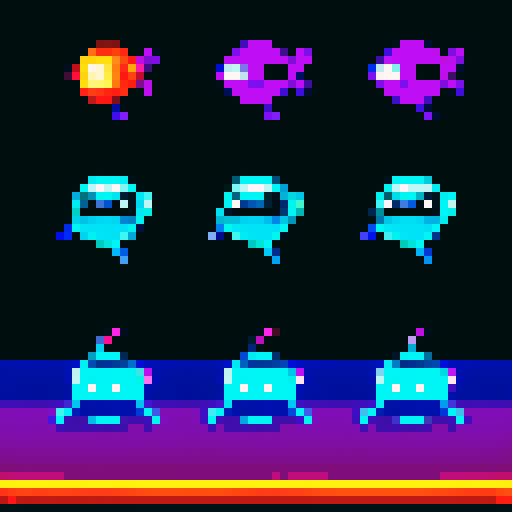 Enemy mothership sprite sheet, vertical space-shooter, retro pixel art, vibrant sRGB colors, menacing alien design, metallic sheen, glowing energy core