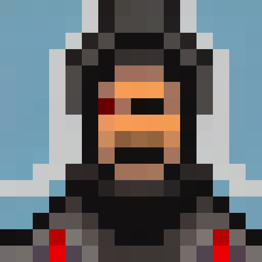 Pro wrestler with black hair, wicked grin, raised brows, bushy beard, and malevolent aura in a 16x16 pixel portrait.