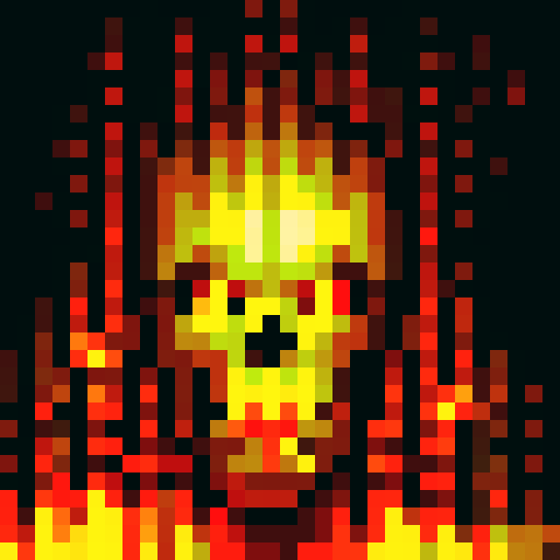 A raging inferno engulfs a tiny metropolis, with sinister skulls appearing in the flames and their ghostly visages haunting the smoke, all rendered in vibrant pixel art