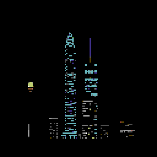 large skyscrapers at night, large dark blue sky, viewed from afar, retro, nostalgic feel