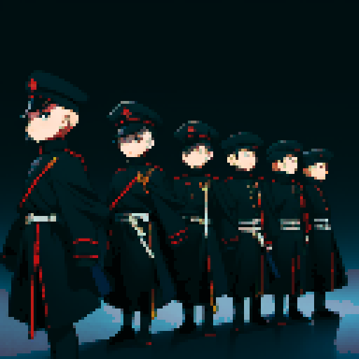 soldiers lined up, black uniforms, black hats, skull masks, lined up, facing camera, full-body image