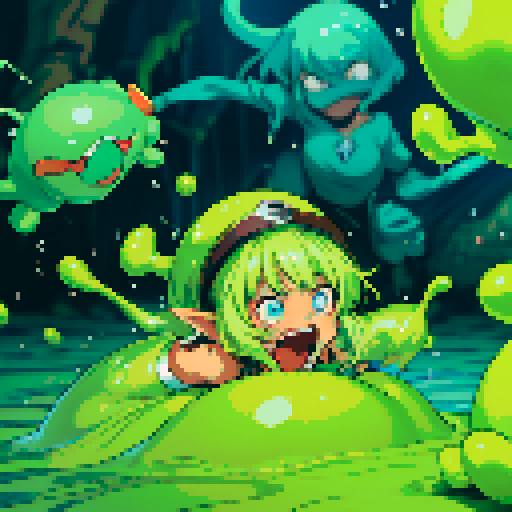 slime surging up around someone, slime engulfing a hero, slime consuming a hero, hero getting engulfed by slime, slime attack, dynamic, slime slamming into someone, impact, splashing slime