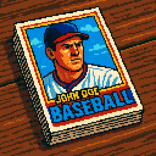 Pixel art of a vintage 1980s-style baseball card stack on a wooden table. The top card shows a serious-looking baseball player in a classic uniform with bold colors, sharp outlines, and soft pixel shading. The card design mimics 80s Topps cards with chunky lettering for a fake name. Use a vibrant Sega Genesis 16-bit style with selective dithering, geometric forms, and nostalgic retro charm. Avoid modern gradients—keep it pure pixel art.