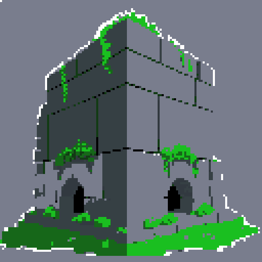 2d grey stone rubble in an ancient english style. Old and crumbling but still upright. Green vines crisscross it. Usable as an asset (clear, thick lines and a white background). Put a black stroke around the composition