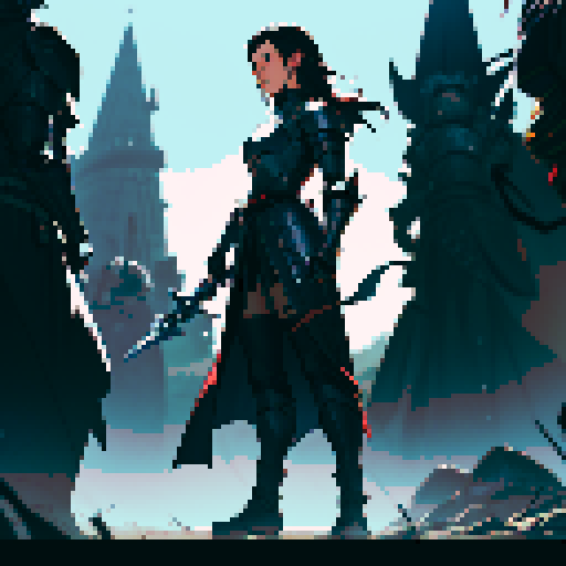 full-body image, male knight, black armor, giant sword, long black hair, sexy, dark knight