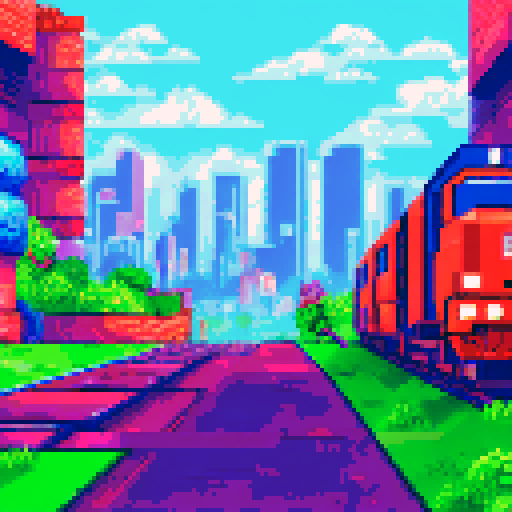 Side view of moving train exterior, pixel art, 16-bit retro game style, colorful modern train wagons in blue red yellow scheme, detailed windows with passenger silhouettes inside, urban subway train design, railway tracks below with steel rails and wooden sleepers, city buildings and skyscrapers in background layers for parallax scrolling, overhead electrical cables and signals, side-scrolling endless runner background.