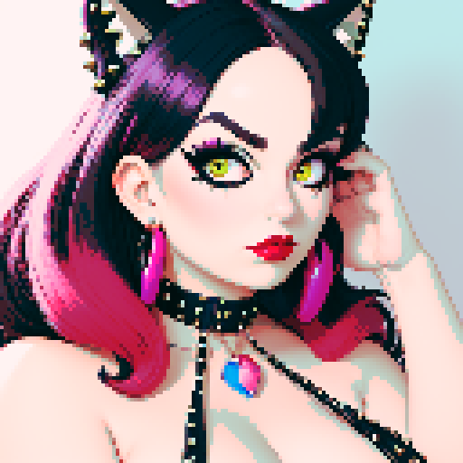 thicc, busty goth cat girl, long hair, eyeliner, red lipstick, studded collar, low cut halter top, up close face portrait, vibrant sega genesis palette, pixel art portrait, edgy aesthetic, pixel art, sRGB