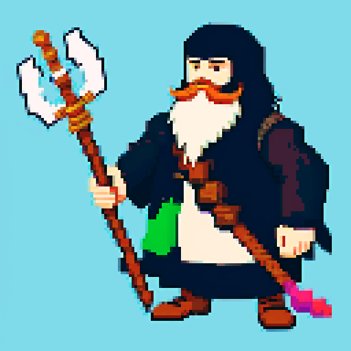 raven-like druid with beard, staff in hand