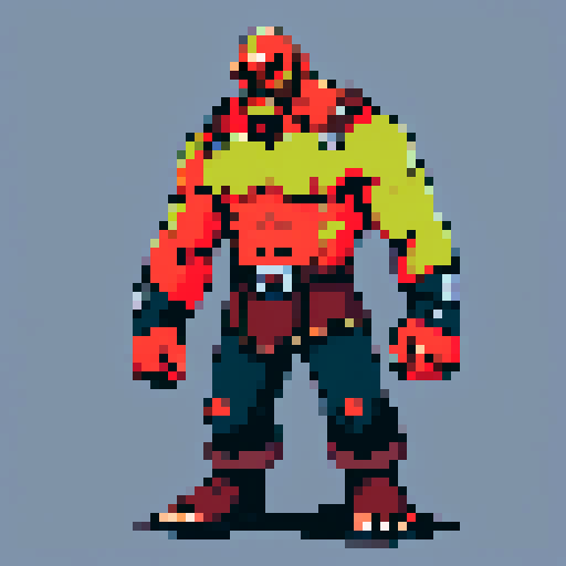 male orc, bald, red eyes, large muscles, angry, shoulders up, pixel art

