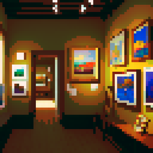 a cozy art gallery with several paintings in view