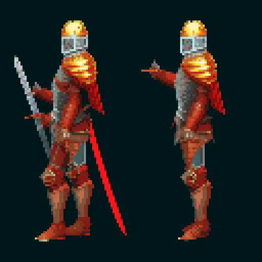 pixel art picture of a human male knight with a two-handed great sword, detailed shading, and smooth lines, heavy armor, running, muscular build, armored helmet, deep red and gold armor, detailed sword, detailed shading, smooth lines