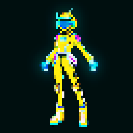 cyberpunk space trader sprite, pixel art, futuristic design, cybernetic arm with intricate detailing, glowing yellow-orange visor over the eyes, trench coat with glowing lines, blue and teal color palette with neon pink and yellow accents, distinct sci-fi aesthetic, confident posture, mid-step left first, left left bent and raised, arms extended, pixel art, sRGB
