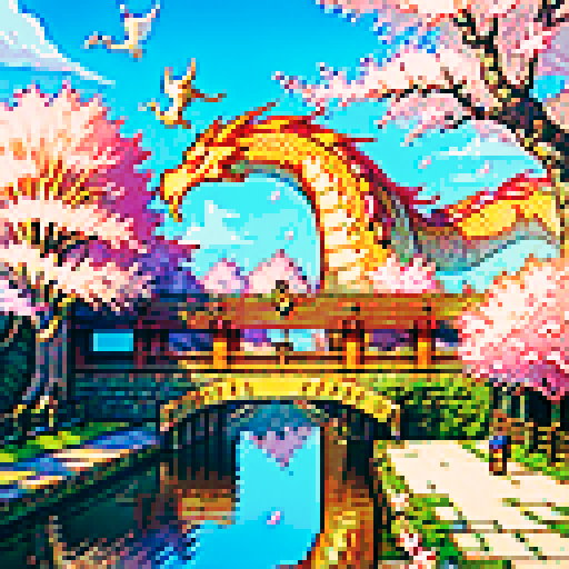 scroll, ancient, weathered, intricate, illuminated, vibrant colors, pixelated, ornate, detailed, calligraphy, mythical creatures, dragons, phoenixes, cherry blossoms, flowing patterns, gold accents, Japanese-inspired, sRGB, pixel art