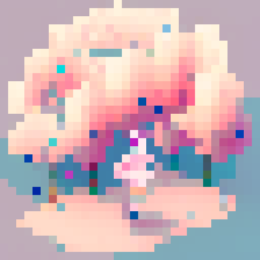 anime girl, pink hair, running with vibrant, pixelated surroundings and a trail of pixelated cherry blossom petals trailing behind