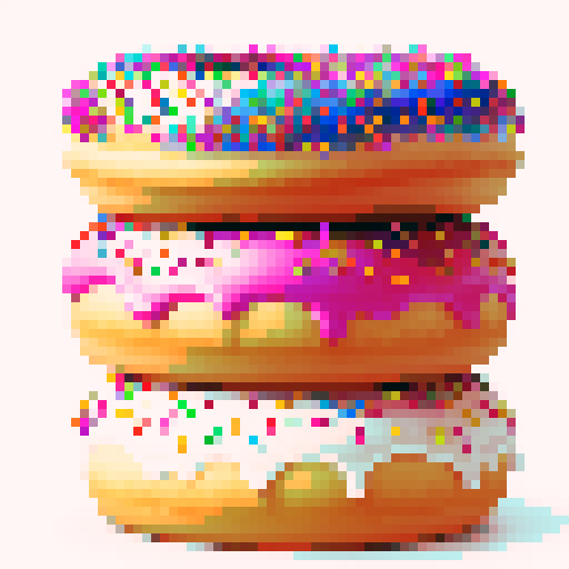 three big doughnuts in center of a frame, with vibrant colored icing dripping down, sprinkles on top, white background