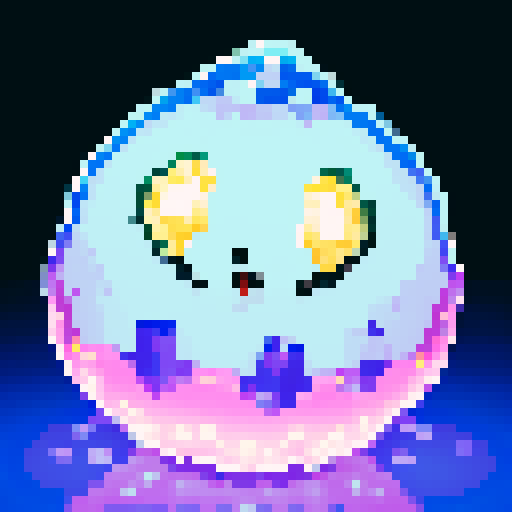 A sparkling, semi-transparent slime with a crystalline structure. It has shimmering facets, bright eyes, and a cheerful smile, with light reflecting inside. No background.
