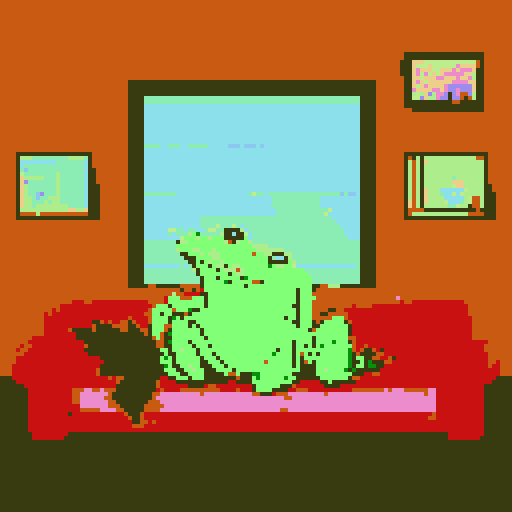 In the cozy ambiance of a dimly lit room, a small, jovial frog perches comfortably upon a plush couch chair, its diminutive size emphasized by the vastness of the furniture. The flickering flames of a nearby fireplace cast a warm glow, enveloping the space in a soft, golden light, creating an atmosphere of comfort and relaxation. With a mug clasped delicately between its tiny webbed fingers, the contented frog takes a sip of steaming coffee, its expression reflecting pure bliss.

