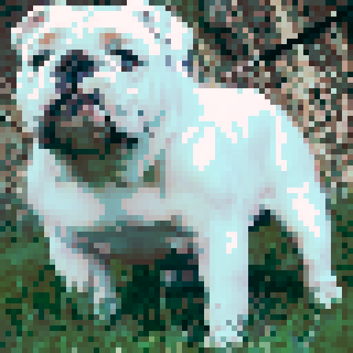 prestigious all white English bulldog, pixel art, sRGB, confident stance, detailed wrinkles, expressive eyes, elegant posture, subtle shading, vibrant colors, clean lines