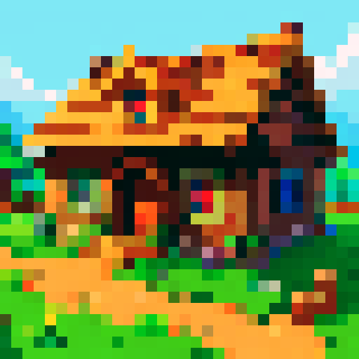 woodcutter building, medieval style, Stardew Valley, front perspective, rustic wooden structure, thatched roof, stone foundation, lush green surroundings, pixelated details, vibrant colors, sRGB