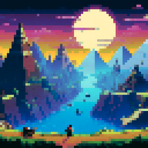 pyramid on desert, castle on hill, ship on ocean, train on tracks, city skyline, dark blue background, pixel path