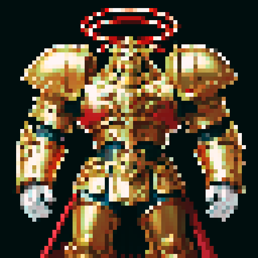 Warhammer 40,000 Emperor, towering, golden armor, regal pose, commanding presence, intricate details, glowing halo, pixel art, vibrant colors, dynamic composition, dramatic lighting, sRGB