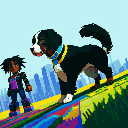 Black Cyberpunk hero, with two dog companions that fight with him one a springer spaniel, and one tri-color Australian shepherd