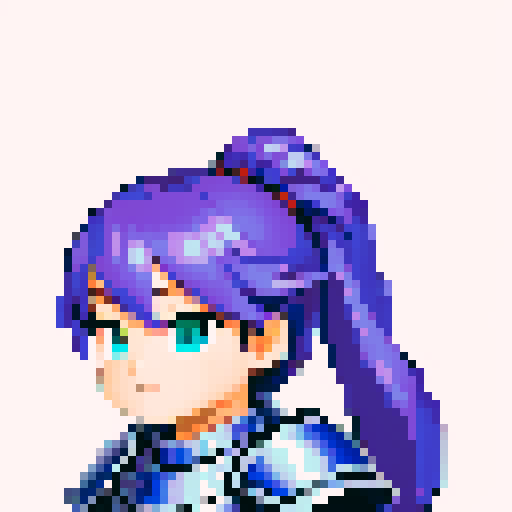 Fire emblem character, intricate armor details, 32x32 pixel art, sRGB, game icon, skill art, close up, portrait, teenage princess, blue ponytail, purple armor, 8 bit, clear outline of character and focused detail in the face