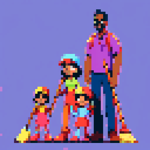 Happy mixed race family, father holding broom, vibrant pixel art, sRGB