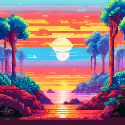 sunset by the beach, sitting on the sand, looking at the horizon, cute colors