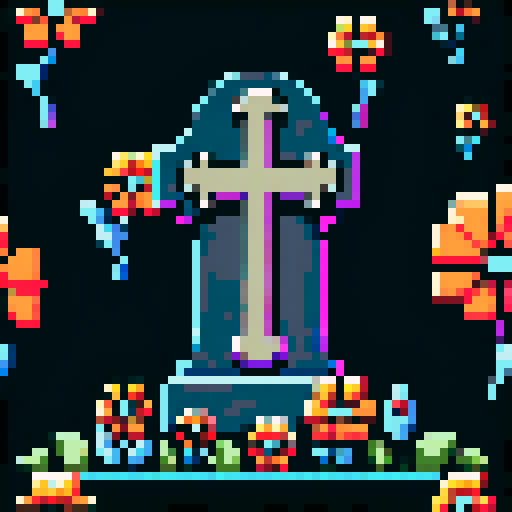 Tombstone, weathered and cracked, adorned with intricate pixel art flowers, against a vibrant sRGB against dark background