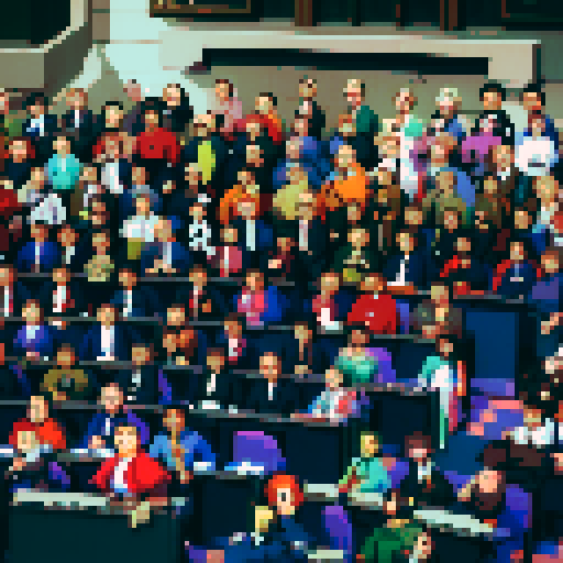 Wide shot of delegates arguing inside of German Federal Parliament, live TV coverage, vibrant colors, pixelated details, retro video game aesthetic, animated pixel art, intricate pixel patterns, dynamic lighting, immersive atmosphere, animated gestures, traditional German clothing, historical significance
