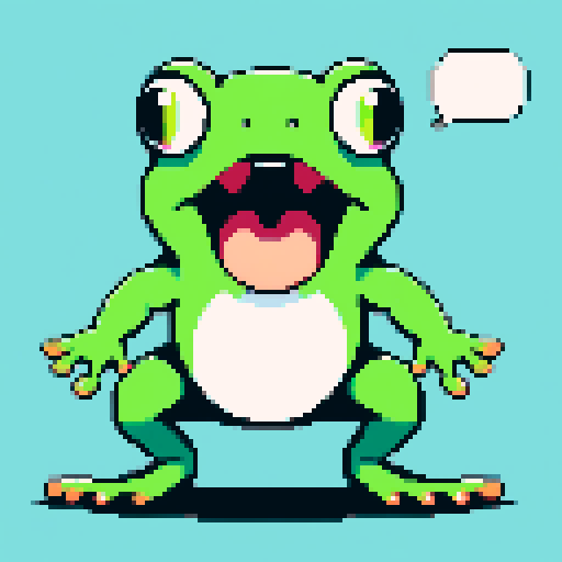 pixel art, sRGB, vibrant green frog, wide open mouth, animated speech bubbles, croaking loudly, expressive eyes, 