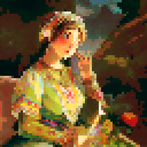 Russian girl, traditional costume, vibrant colors, intricate embroidery, flowing skirt, ornate headpiece, blooming flowers, lush greenery, majestic mountains, sunset backdrop