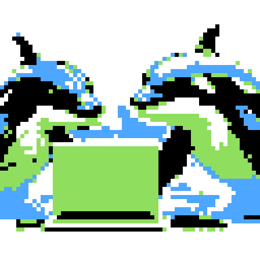 killer whales swimming in a vibrant ocean, typing on a retro laptop with pixelated keys, surrounded by a rainbow of colors in sRGB style