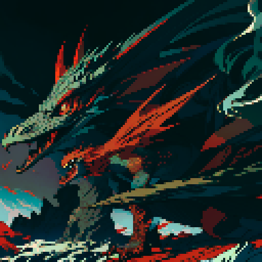 red dragon, fiery scales, sharp claws, fierce expression, towering presence, detailed pixel art, vibrant colors, textured scales, intricate patterns, glowing eyes, majestic wings, powerful tail, smoke billowing from nostrils