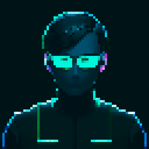 A modern, tech-inspired male coder with glowing lines, matrix-style code, and pixelated effects in the background Dark theme with shades of black, gray, and neon blue or green Innovative and futuristic pixel art in sRGB