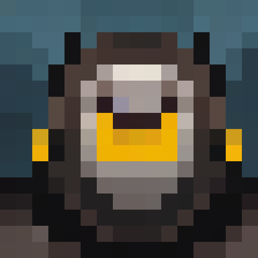 Fierce monkey head with matted fur, piercing yellow eyes, and razor-sharp teeth, set against a dark, ominous background in the style of a medieval game icon, using 16x16 pixel art for a close-up portrait