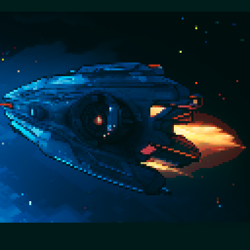 futuristic spaceship, topview, sleek and streamlined, hovering mid-air, pixelated sRGB aesthetic, retro-futuristic buttons, neon-lit control panel