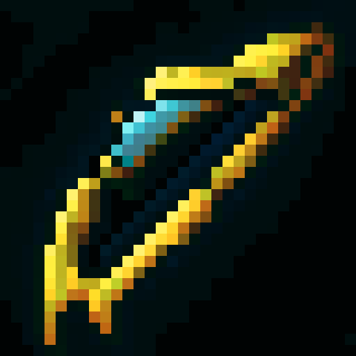 angelic, golden halo, flowing hair, delicate features, serene expression, feathered wings, ethereal glow, intricate bow, celestial colors, gleaming gems, soft shading, pixelated details